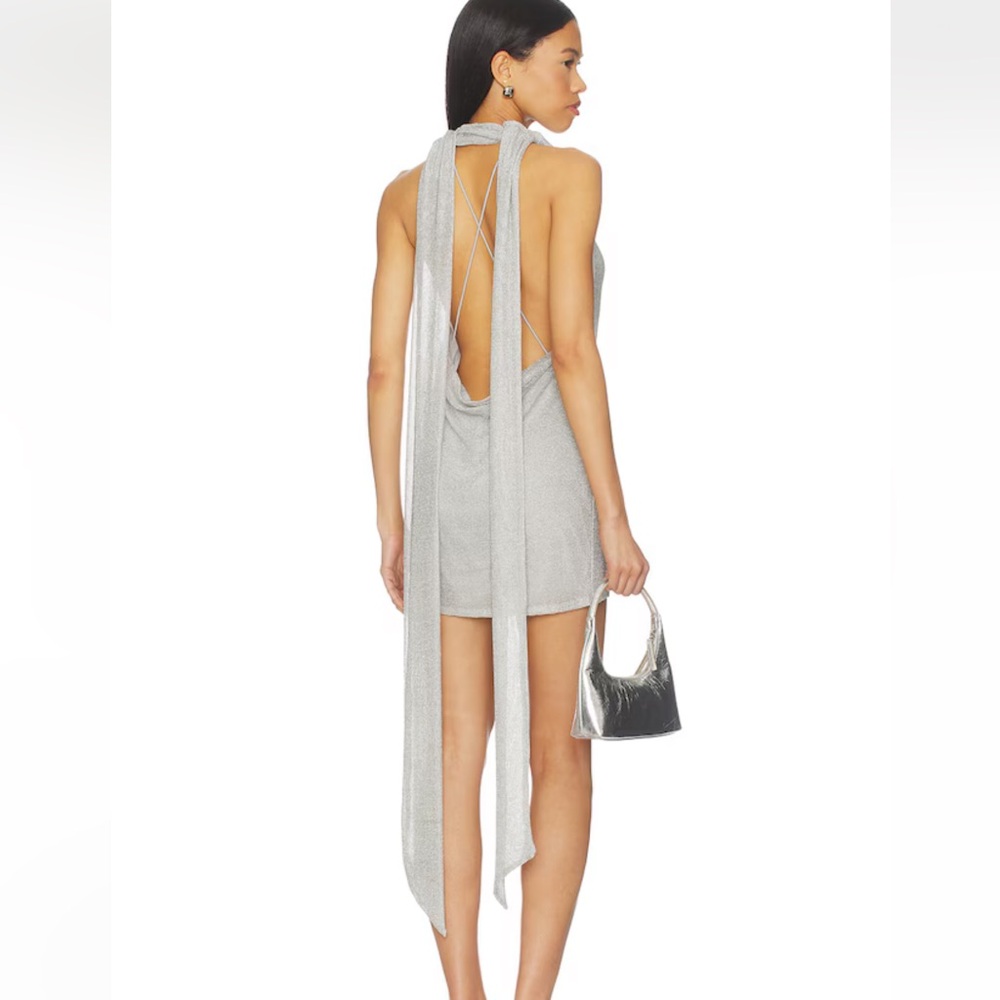 LPA Silver Backless Mini Dress with Draped Scarf Ties